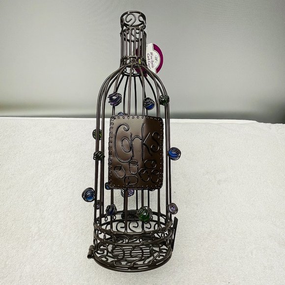 NWT Wine Bottle Cork Cage, Epic Brand, Metal, Glass Beads, 14" T x 4 1/4" D - Picture 1 of 15
